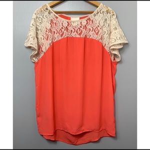 Anthropologie Maeve coral top with cream lace